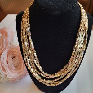 Chico's Necklace 6 Strand Hammered Bar Beads Gold Coppertone Statement Jewelry